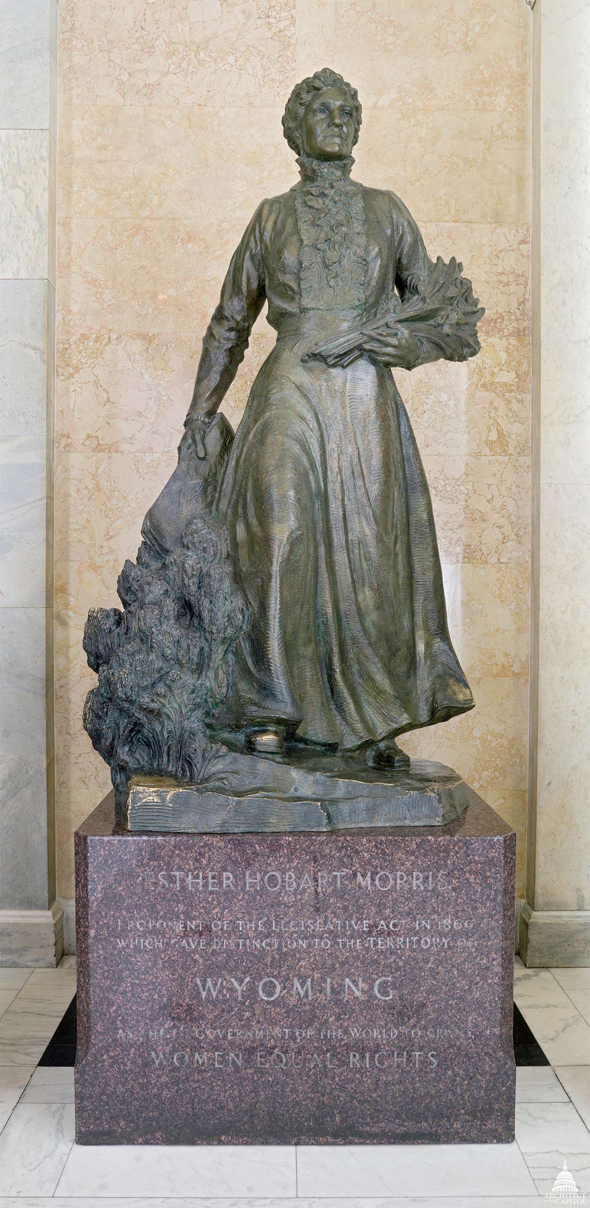 The heroic Avard Fairbanks statue of Esther Morris at the U.S. Capitol was installed in 1960, and remains there. A duplicate stood for decades in front of the Wyoming Capitol. As part of the 2019 remodel of the building the sculpture was moved underground to the Capitol Extension between the Capitol and the Herschler Building. Architect of the Capitol. 