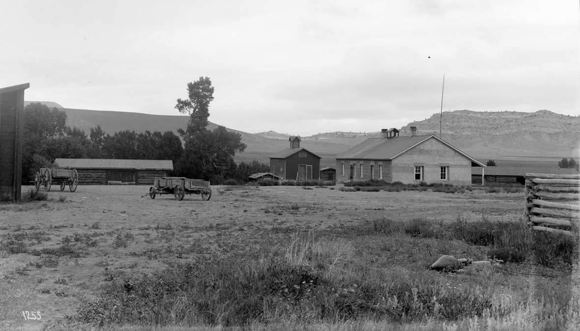 Franc’s house and outbuildings, above, and the barn and large haystacks (to the left of the barn) on the Pitchfork Ranch, July1903. Franc built a large barn for his horses and grew a sizable amount of hay to feed his animals through harsh winters. American Heritage Center.