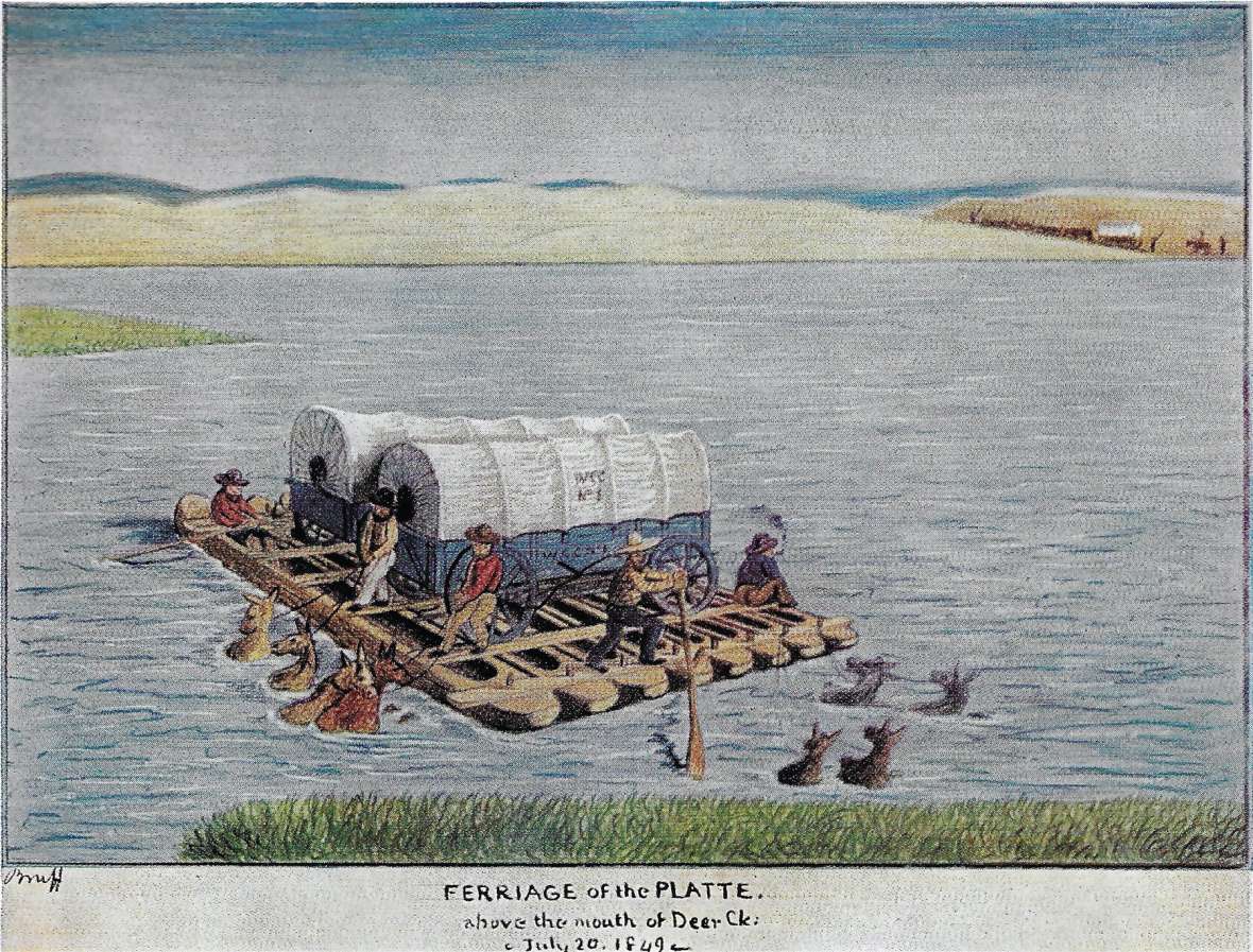Ferry crossings were much safer--and more expensive--than trying to swim the livestock. California-bound J. Goldsborough Bruff's 1849 drawing of an eight-dugpout ferry at the Deer Creek crossing of the North Platte shows mules tied to the boat. Courtesy Randy Brown.