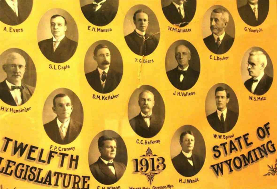 The composite image of 1913 Wyoming Democratic representatives, supposedly damaged in a fracas on the House floor. Portraits of the Republican representatives were placed in a different frame that year because of the partisan animosity. Gregory Nickerson photo.