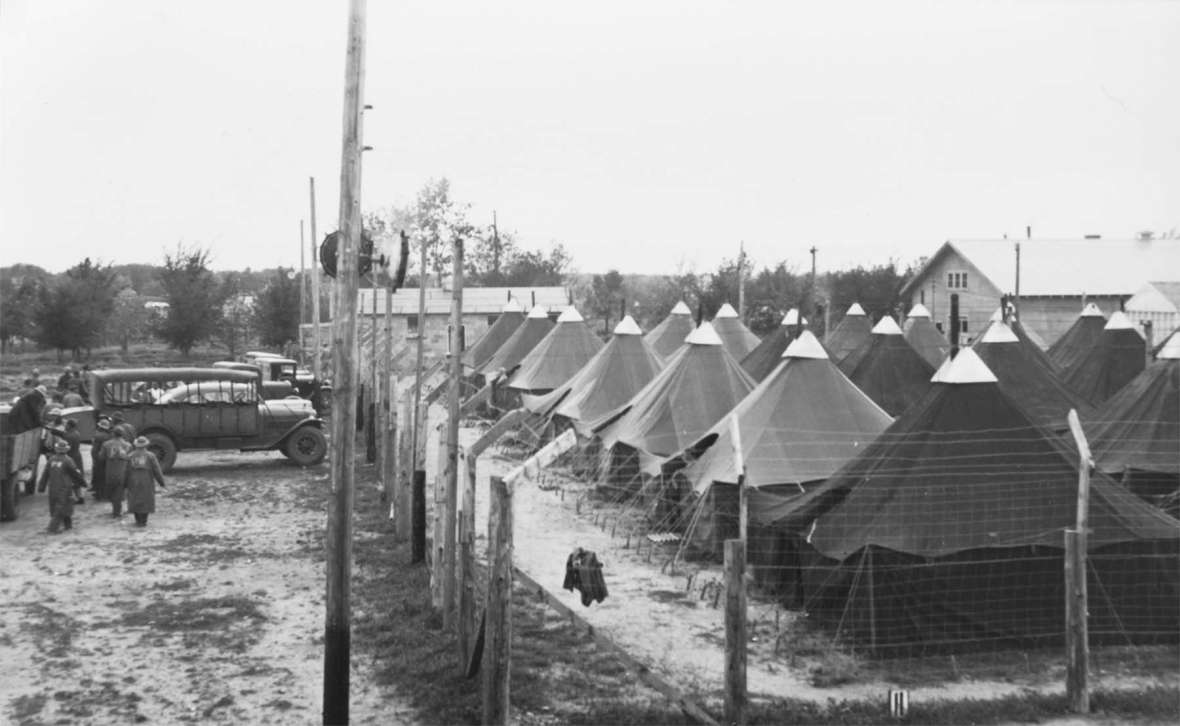 Both prisoners and U.S. military personnel lived in tents at Camp Wheatland. This photo is from June 1945. Laramie Peak Museum.