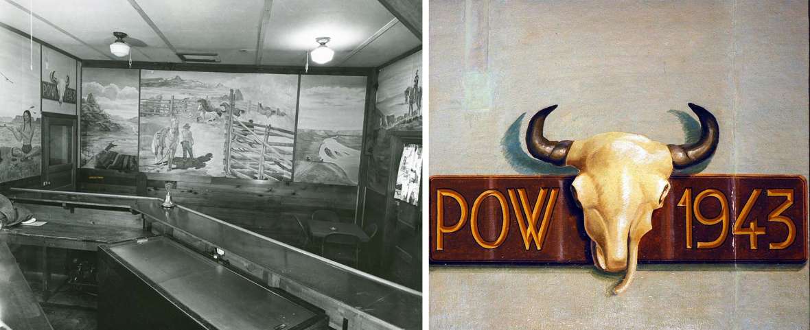 Italian POWs painted a series of murals in the U.S.Army officers’ club at Camp Douglas. The black and white photo from 1944 shows the club’s bar as well; right, a detail. Wyoming Pioneer Memorial Museum.