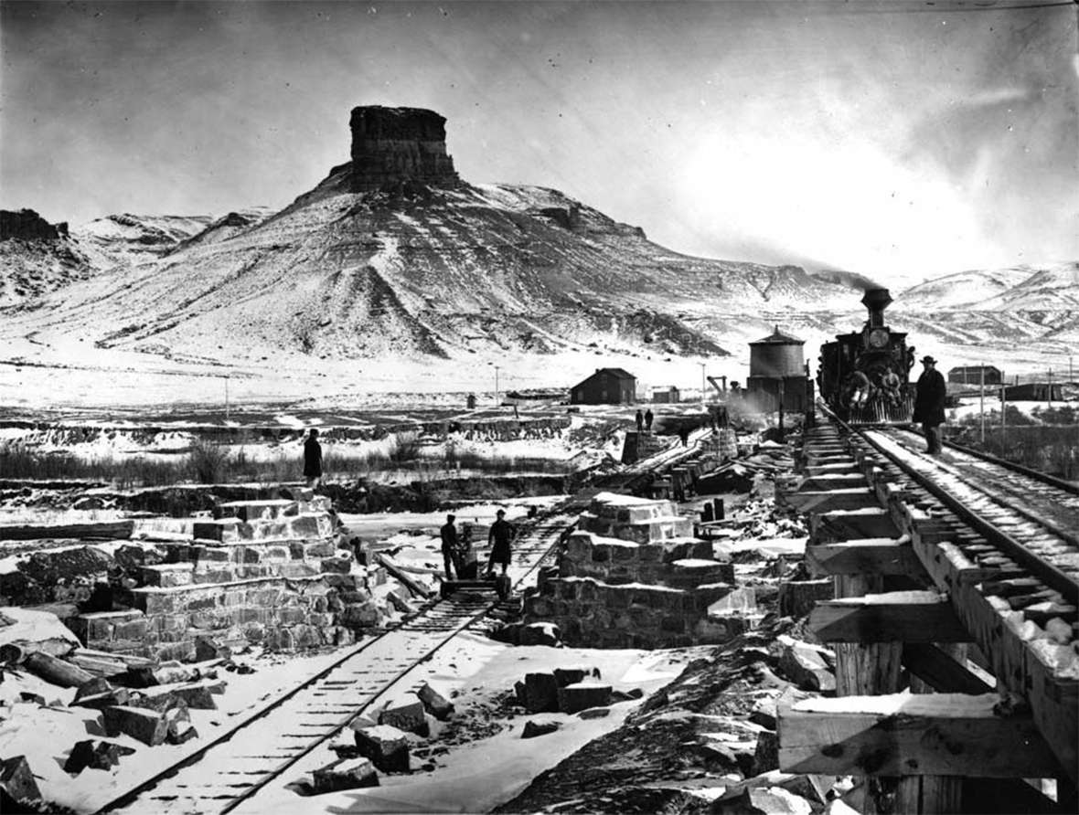 Temporary and permanent Union Pacific Railroad bridges at the town of Green River, Wyoming Territory, 1868. For his expeditions down the Colorado in 1869 and 1871, Powell, his crews and their boats took the train to Green River and launched from there. A.J. Russell photo.
