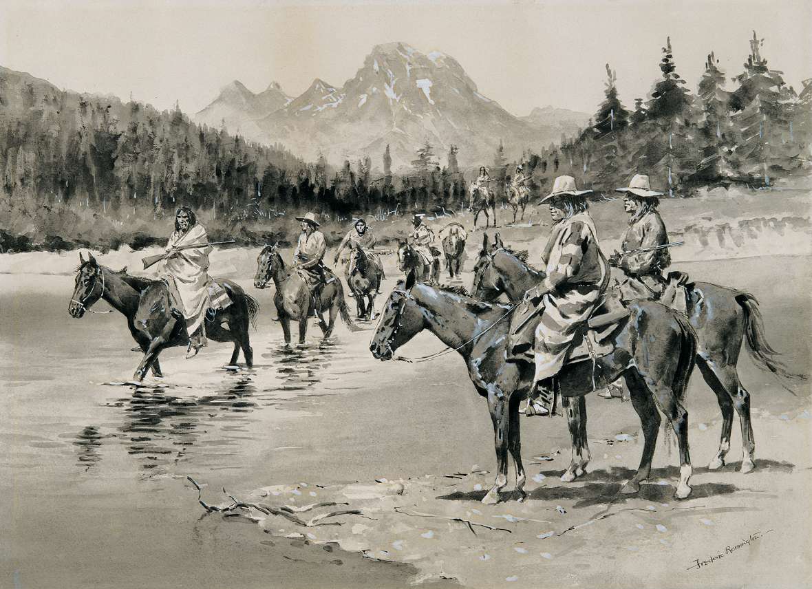 Frederic Remington imagined how the party of Bannocks looked fording the Snake River in Jackson Hole in 1895 for an article in Harper’s Magazine. Remington Art Museum.