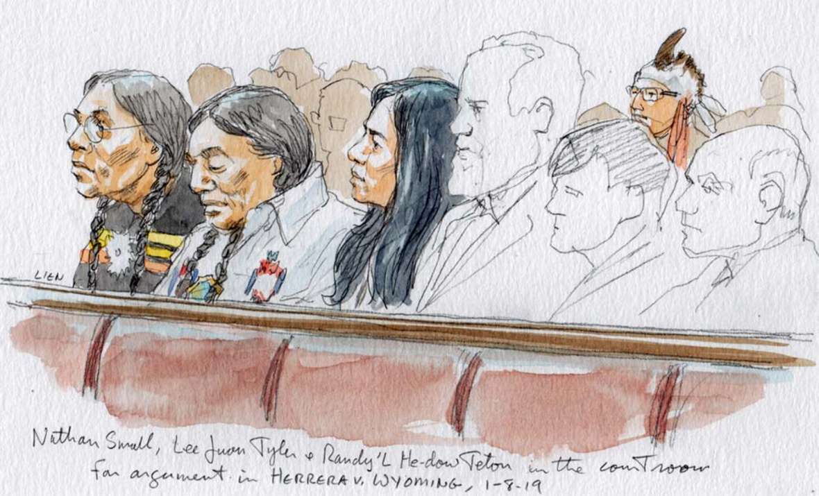 Crow Tribe members Nathan Small, Lee Juan Tyler and Randy’L He-dow Teton listen to oral arguments in the Herrera v. Wyoming case at the U.S. Supreme Court, January 2019. Art Lien, SCOTUSblog.