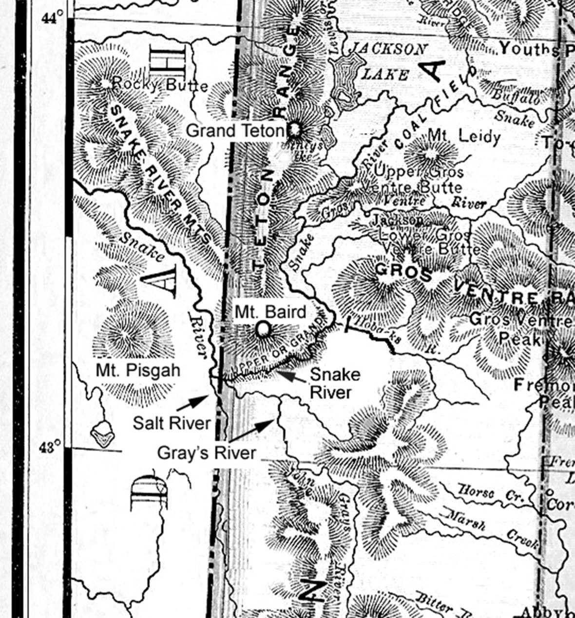 Part of an early map of Wyoming Territory showing the confluence of the Snake, Gray’s and Salt rivers near present Alpine, Wyo. south of Jackson, where the survey party had such a difficult time crossing the Snake River. Author’s collection.