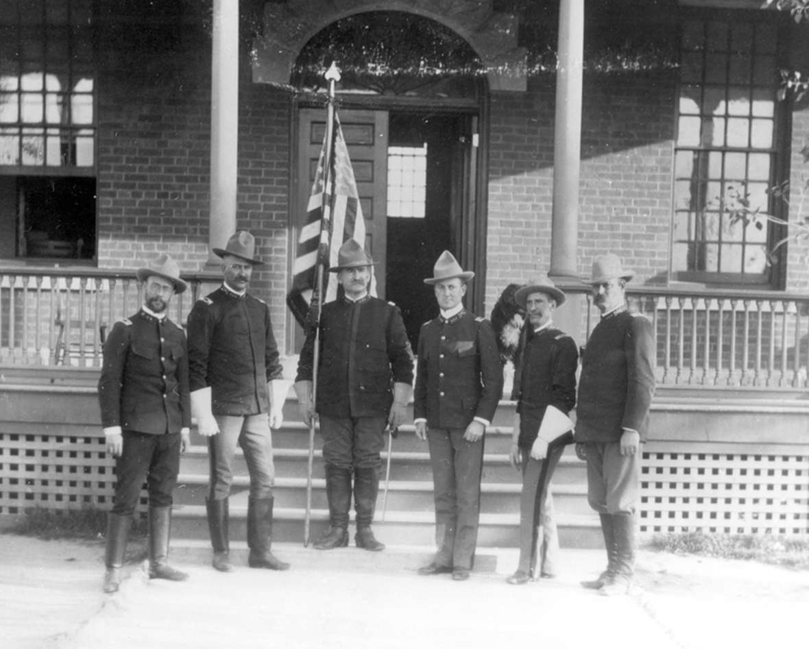 Lt. Col. Jay L. Torrey, center, and the officers of his staff at Fort D.A. Russell near Cheyenne, probably spring 1898. Wyoming State Archives.