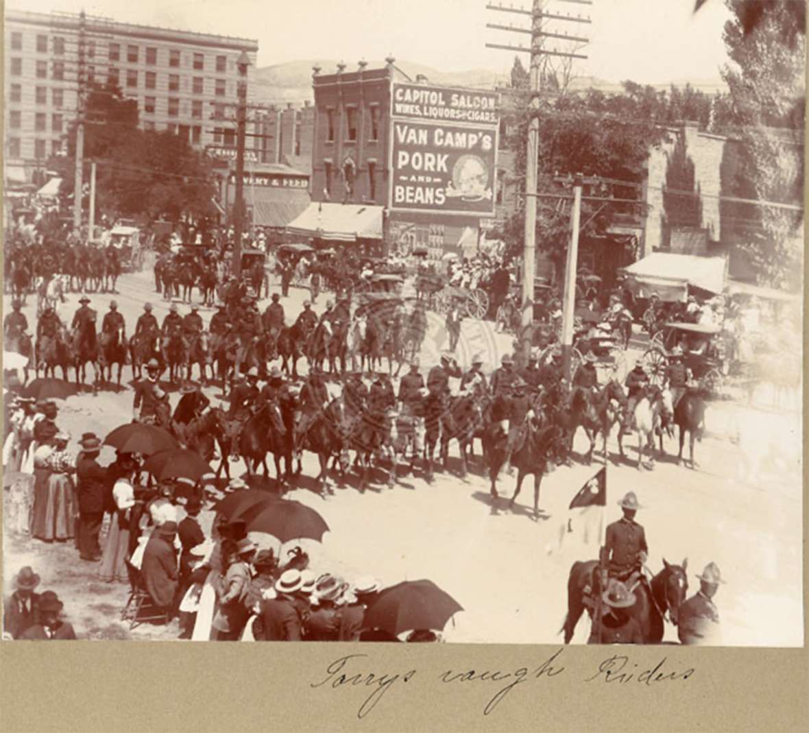 Members of Torrey’s Rough Riders on parade in Salt Lake City. These may be the Utah units of the Second Volunteer Cavalry that returned to Salt Lake in August 1898. Marriott Library, University of Utah.