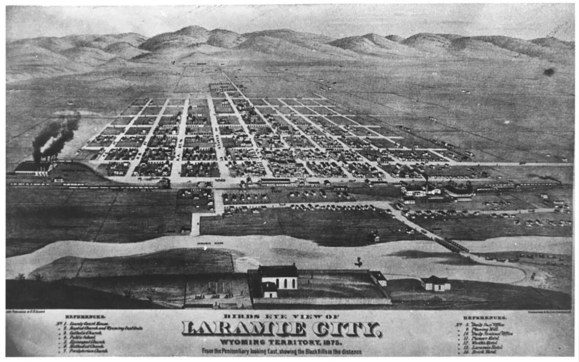 An artist’s bird’s-eye view of Laramie, 1875, looking east. Front Street, now called First Street, was closest to the tracks. Hayford, his wife Emma and their children lived slightly north of downtown, at the corner of what are now Fremont and Second streets. Wyoming State Archives. Click to enlarge.