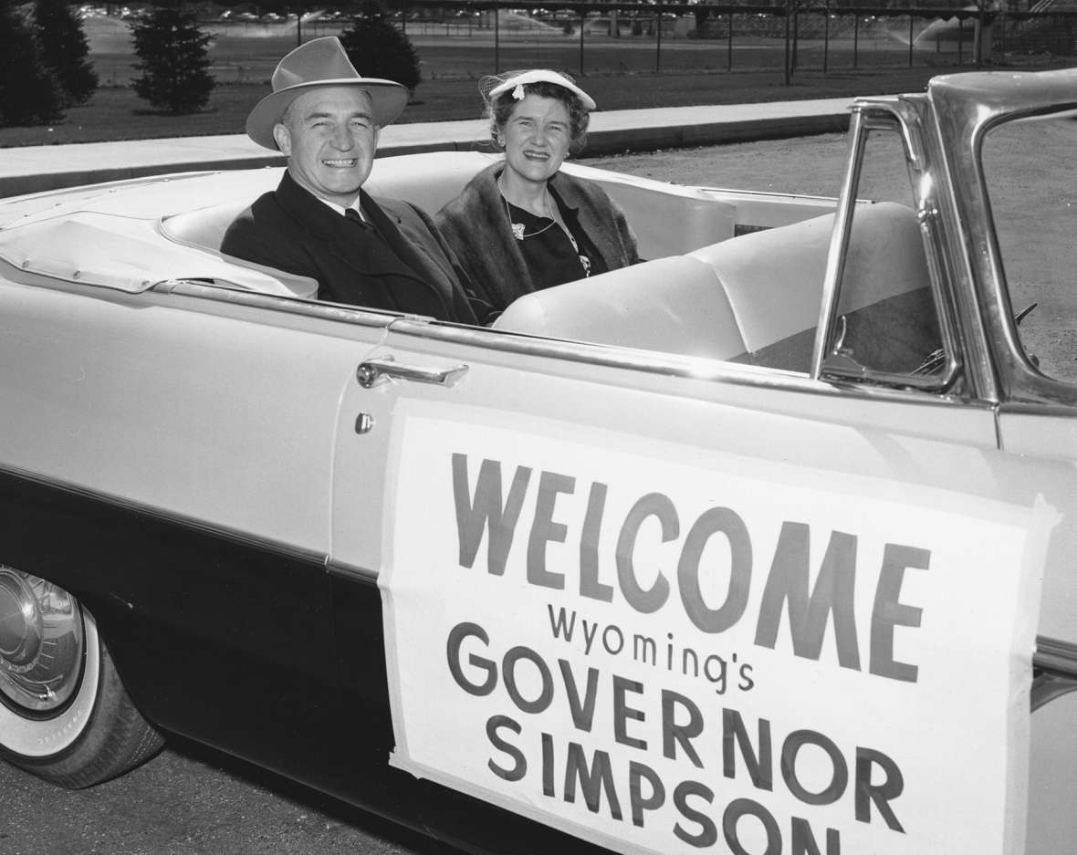 During his four years as governor in the 1950s, Milward Simpson, shown here with his wife, Lorna, commuted two death sentences. He lost his bid for re-election. Wyoming State Archives.