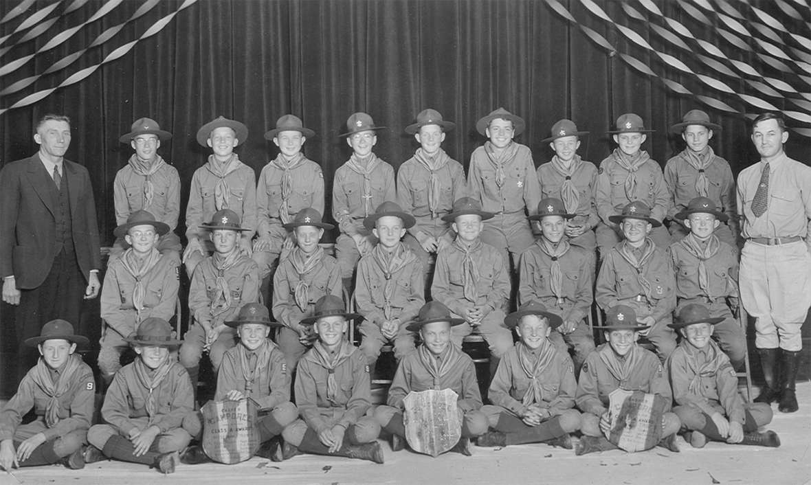 Boy Scout Troop Nine leaders Ted French, left rear, and Bill Haines, right rear, trained many of the early skiers. Shown here about 1930. Courtesy of Weaver/Hunt collection.