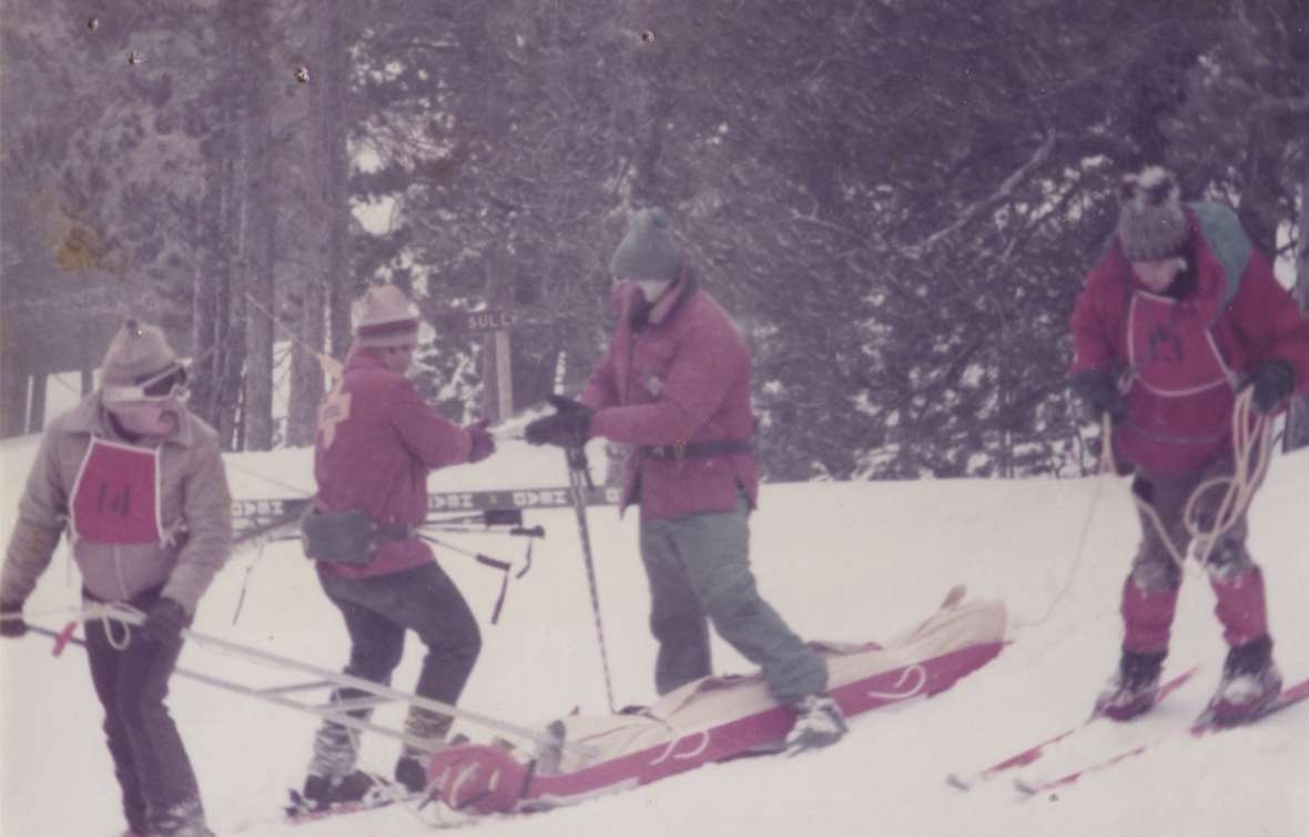 Ski patrol toboggan training, 1960s. Courtesy of Gay Nations.