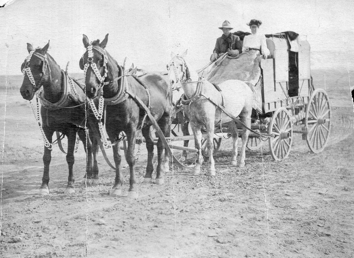 Mud wagons, also called mountain wagons, were smaller, lighter, less comfortable and, because of their lower centers of gravity, safer than the classic, six-horse Concord coaches of Hollywood movies. Many like this one featured treated canvas stretched over wooden struts; the sides could be rolled up in hot weather. They could be pulled by four horses or as few as two, if the grade was fairly flat. Fremont County Pioneer Museum.