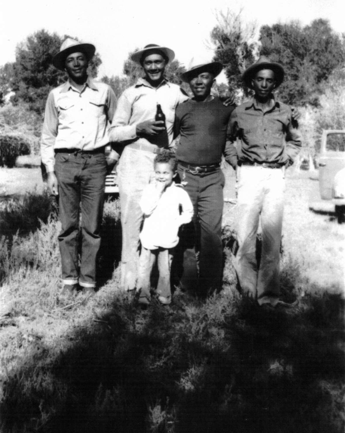 Left to right, Bill Stepp, brother-in-law Ed Steward, John and Horace Greeley “Dutch” Stepp; Dutch’s son Gary in front. Bill, John and Dutch were sons of Lon Stepp. Around 1950. Stepp family photo.