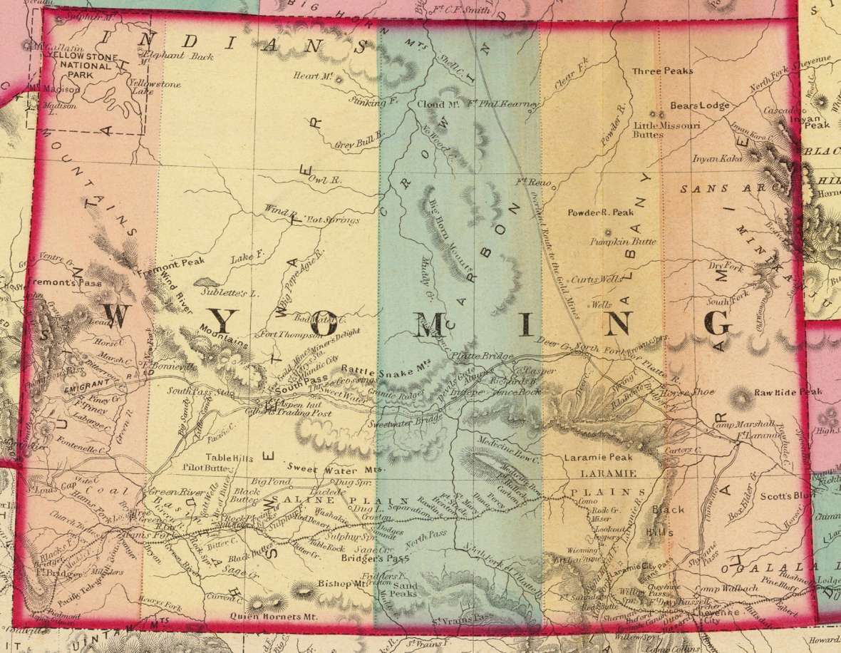 Wyoming Territory and its five counties, 1872. Can you find the main towns, one in each county, along the route of the Union Pacific Railroad? Wikipedia. Click to enlarge