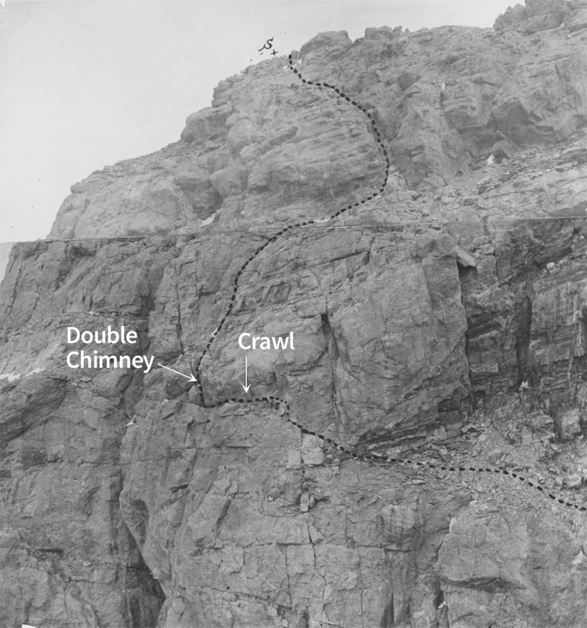 William O. Owen marked this composite photograph showing his party's path of ascent in 1898 with an 'S' to show the summit. Two of the more difficult stretches have been labeled with Owen’s terms by the author. American Heritage Center.