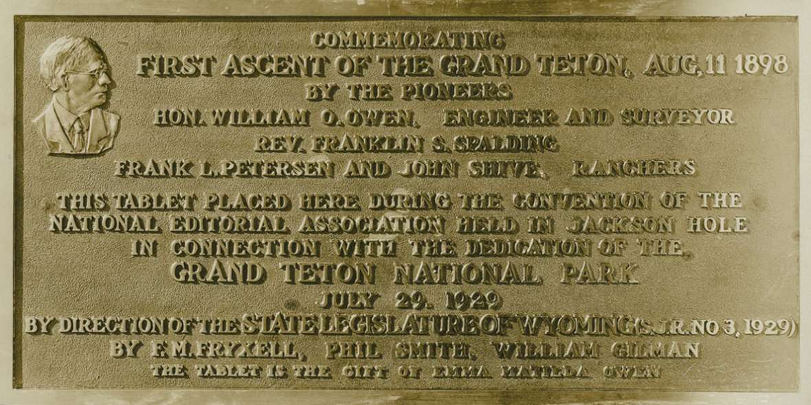 In 1929, the Wyoming State Legislature resolved that the Owen party’s 1898 ascent had been the first, and a plaque, shown here, was placed at the summit. The plaque disappeared in 1977. Wyoming State Archives.