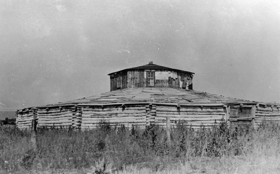 The log Council House on the south fork of the Little Wind River near Fort Washakie, one of three community halls on the reservation, saw social gatherings and council meetings at least into the 1950s. Riverton Museum.