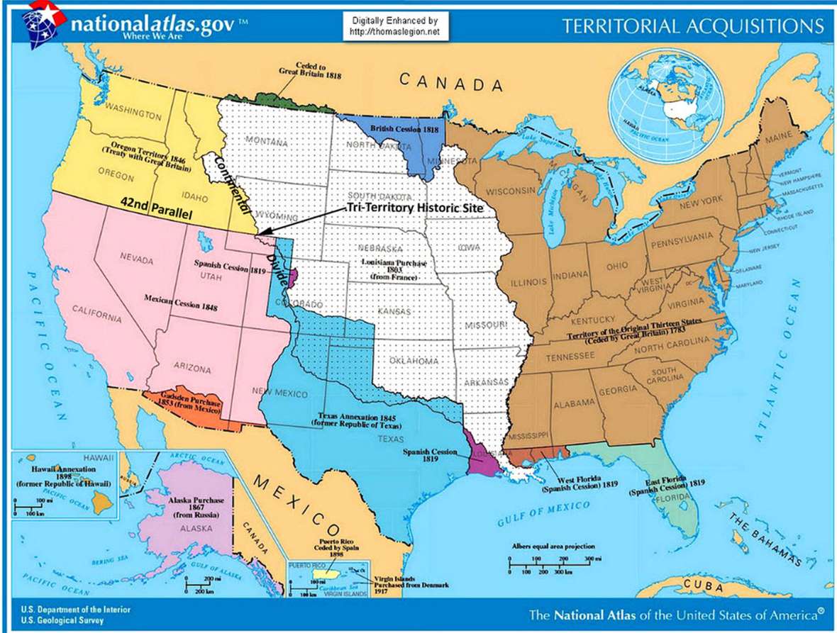 Map of the modern United States, with its sequence of acquisitions overlaid. The Tri-Territory Historic Site lies at the intersection of the 42nd parallel of north latitude and the Continental Divide in what’s now southwest Wyoming. USGS map.