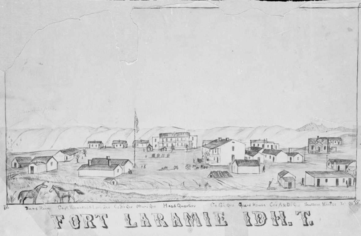 Fort Laramie, 1863, when Thomas Twiss would have passed through from time to time. The following year, Capt. Eugene Ware met him there and described Twiss as “ an old gentleman whose hair, long, white and curly, hung down over his shoulders, and down his back. He had a very venerable white beard and moustache. . . . He was dressed thoroughly as an Indian.” American Heritage Center.