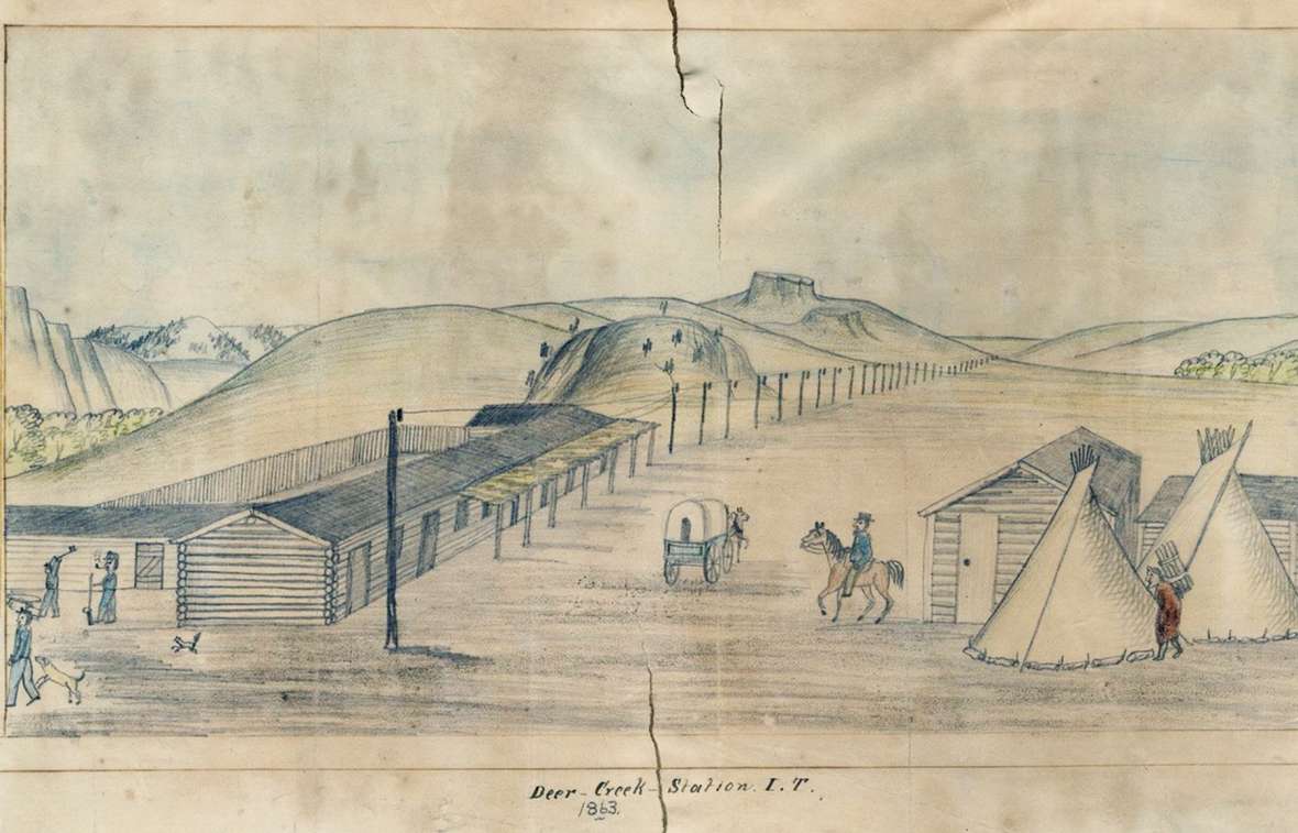 Daily activity at Deer Creek station, 1863, in a sketch by Bugler Moellman of the Ohio Volunteer Cavalry. By this time Twiss was no longer Indian agent, but remained with his Oglala Lakota family on his ranch nearby. American Heritage Center.