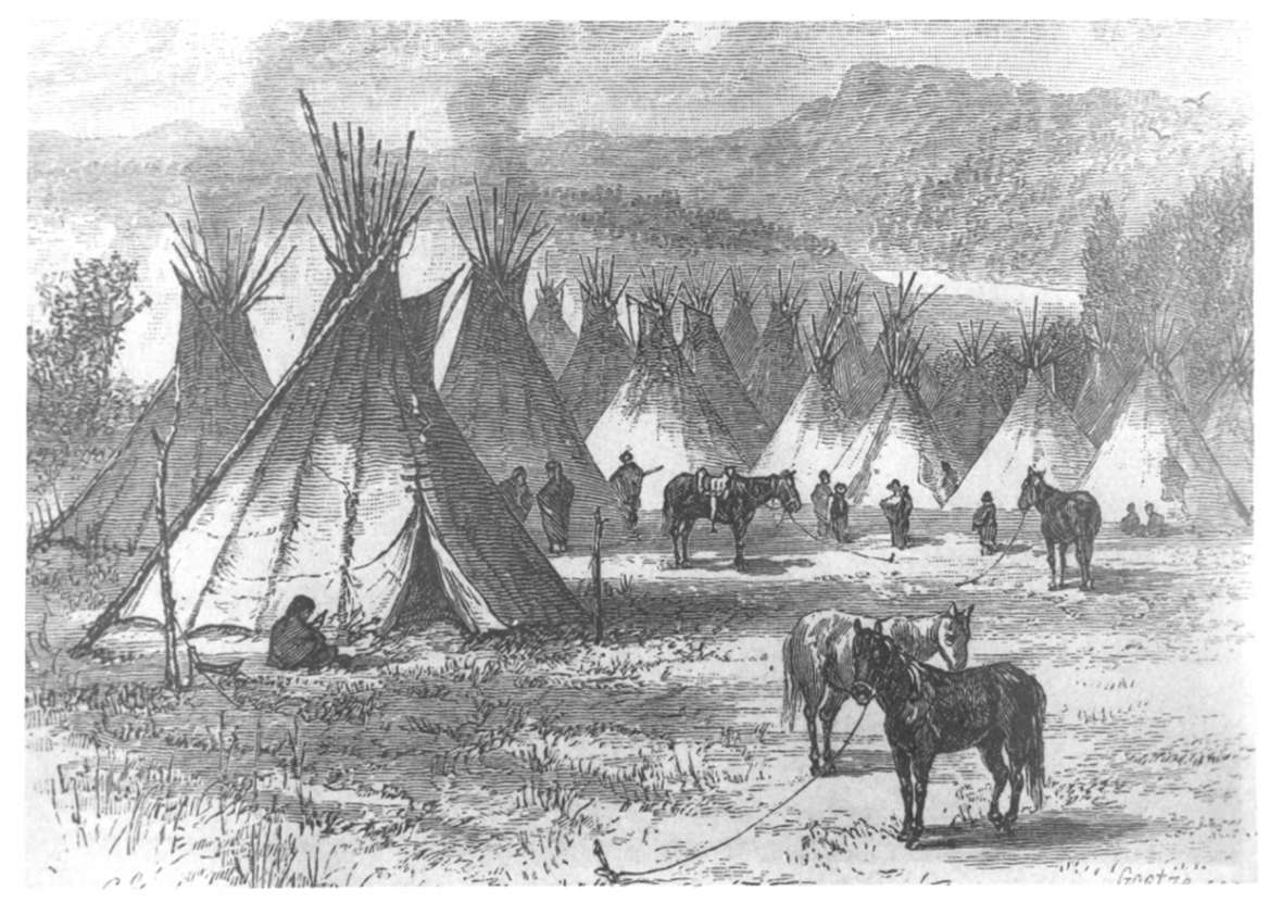 Harper's Monthly magazine published this image of an Arapaho village in March 1880--two years after the Northern Arapaho arrived on Wind River to stay. Wyoming State Archives.