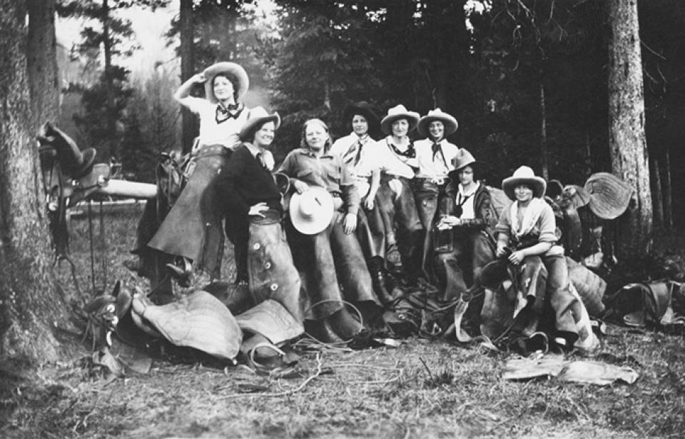 "A group of dude girls," someone wrote on the back of this photo, from the Turpin Meadows Ranch in Jackson Hole, 1932. Esther Allan is at the center, in a black hat. American Heritage Center.
