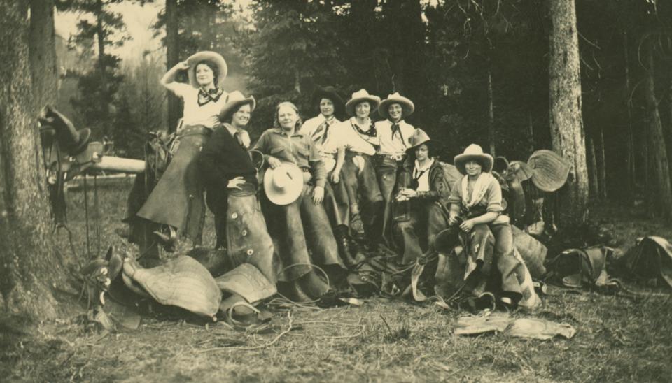 "A group of dude girls," someone wrote on the back of this photo, from the Turpin Meadows Ranch in Jackson Hole, 1932. American Heritage Center.