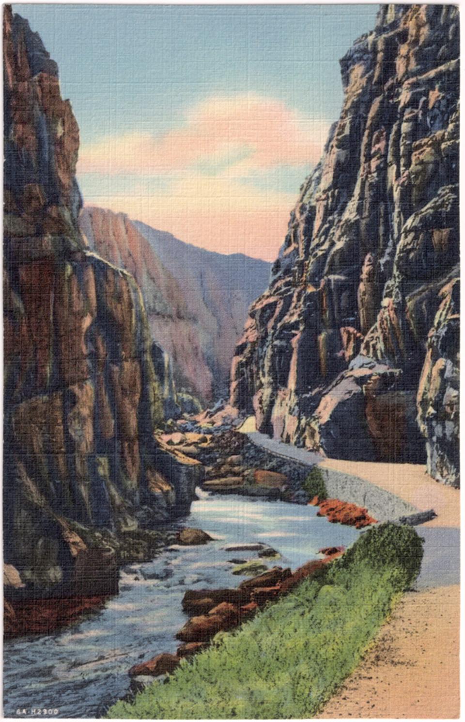 Much as they do today, early postcards showed off Wyoming’s scenic wonders. This shows the road through Wind River Canyon in Fremont County. Wyoming State Archives. 