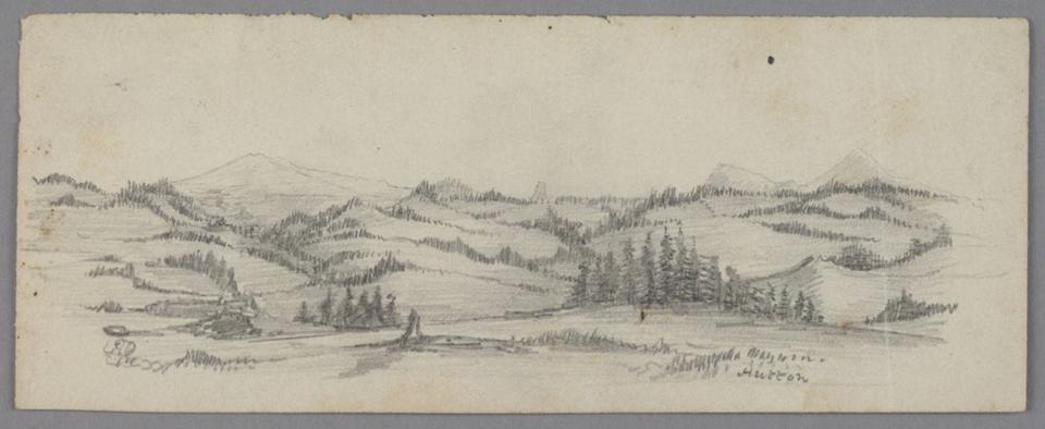 Expedition artist James Hutton made this pencil sketch of Inyan Kara Peak in the Black Hills of what’s now Wyoming in July 1859. Naturalist F.V. Hayden wrote: “Civilized life could find no home in this region, and if the savage desires its continued possession, I can see no present reason for its disputing.” But the discovery of gold nearby in 1874 would make dispute certain over the land. Hutton drawings collection, The Huntington Library.