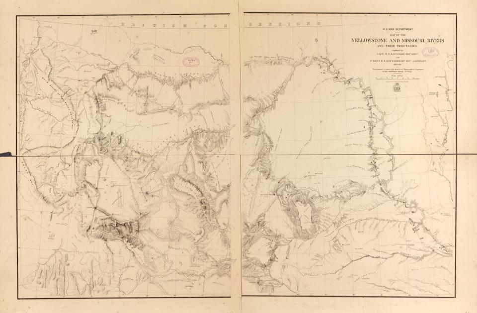 The original map of the expedition’s routes from Raynolds’s report. The group covered something like 2,500 miles in the course of 16 months. Library of Congress. 