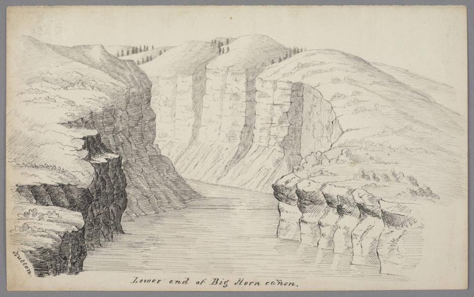 “The river here narrows to a width of less than 150 feet, and bursts out through reddish tinted walls of perpendicular rock over 300 feet in height,” Raynolds wrote. “Lower end of Big Horn canon,” ink and pencil on paper drawing by James D. Hutton, 1859. The Huntington Library. The canyon ends about five miles south and upstream of today’s Yellowtail Dam on the Crow Reservation in south central Montana.