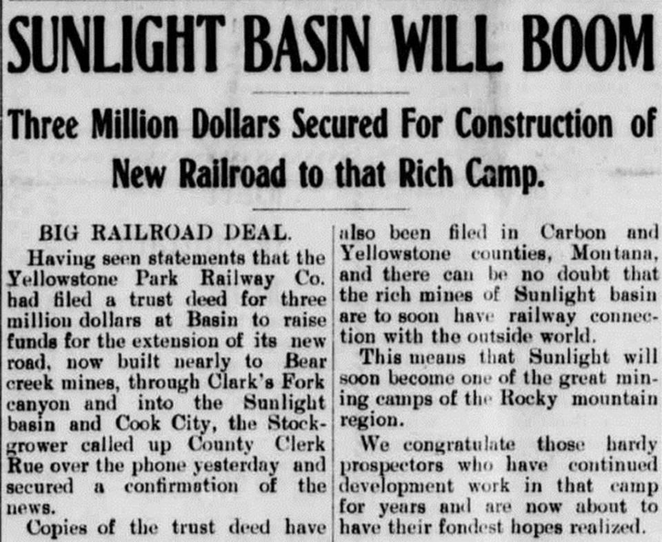 From the Wyoming Stockgrower & Farmer, November 22, 1905. Hopes were always high that a railroad spur would reach the mines. Without one, it would never pay to ship out the ore. Wyoming Newspaper Project.