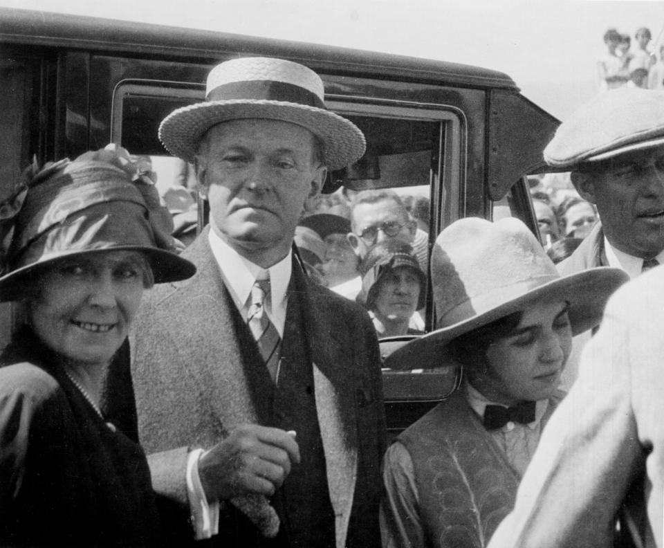 Buffalo Bill museum founder and curator Mary Jester Allen, left, President Calvin “Silent Cal” Coolidge and Buffalo Bill granddaughter Jane Garlow in Cody, July 4, 1927. Buffalo Bill Center of the West.