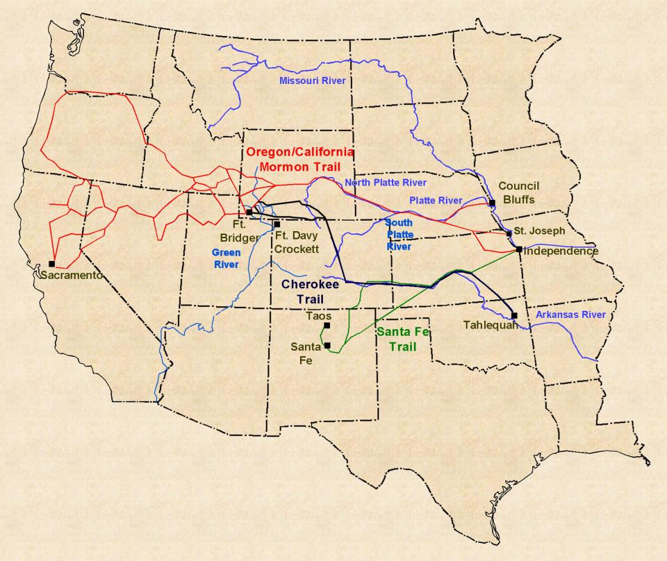 Figure 1: The route of the Cherokee Trail, shown here in black, from the Indian Territory in modern Oklahoma to Fort Bridger in southwestern Wyoming. Western Archaeological Services.