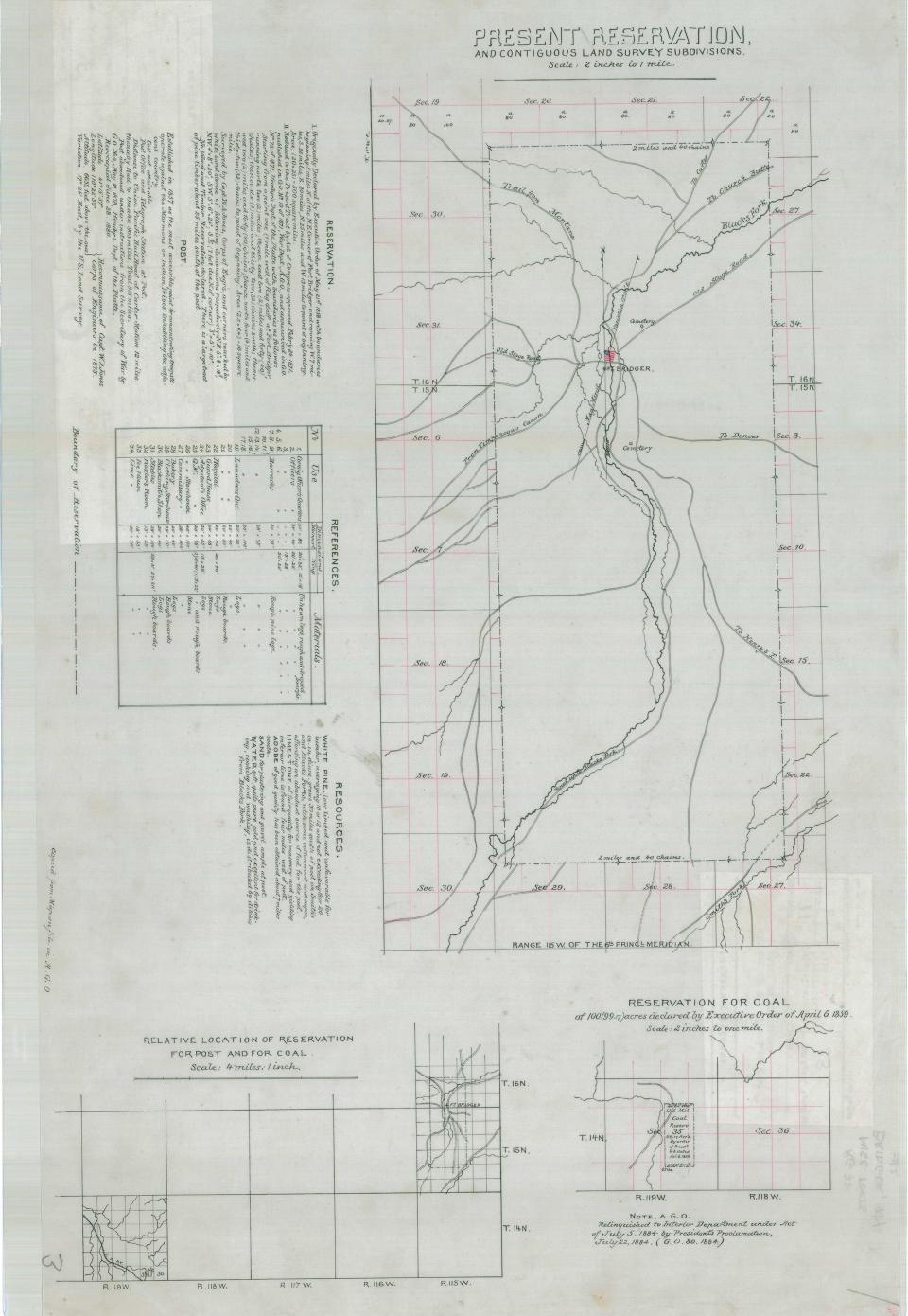 Figure 10: The Fort Bridger Military Reservation, 1871. Numerous roads radiate out from Fort Bridger including one road labeled “To Denver”. This is the west end of Cherokee Trail Southern Route. National Archives.