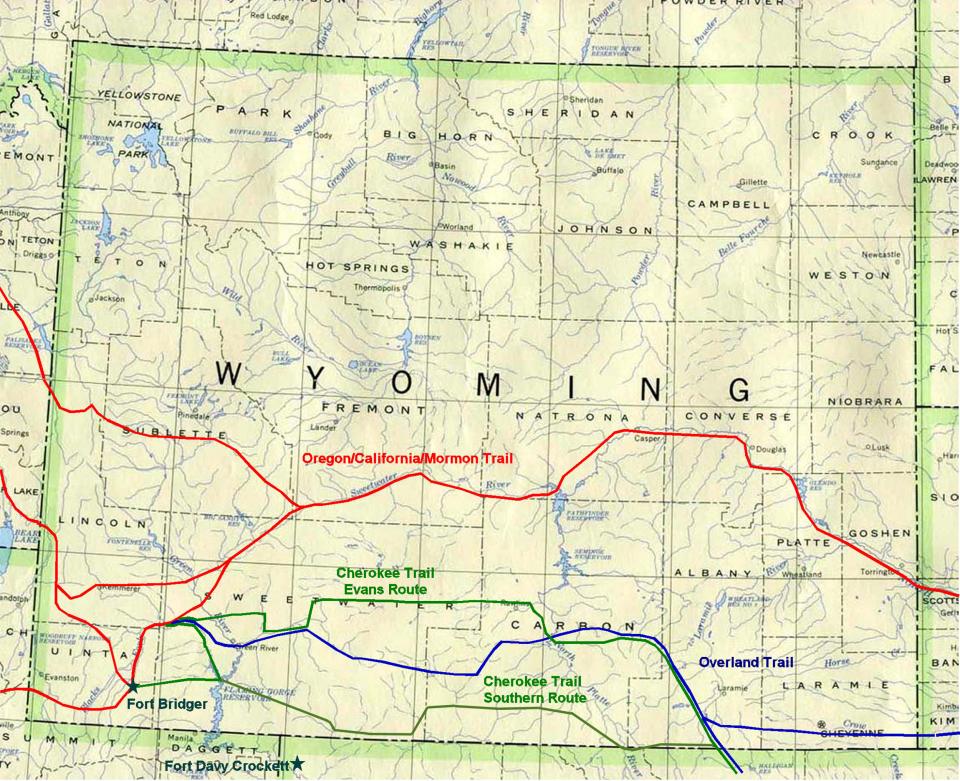 Figure 2: Routes across Wyoming of the Cherokee (in green), Oregon (in red) and Overland (in blue) trails. The Overland Trail incorporated the earlier Cherokee Trail Evans Route in northeastern Colorado, southeastern Wyoming, and along Bitter Creek in southwestern Wyoming. Western Archaeological Services.