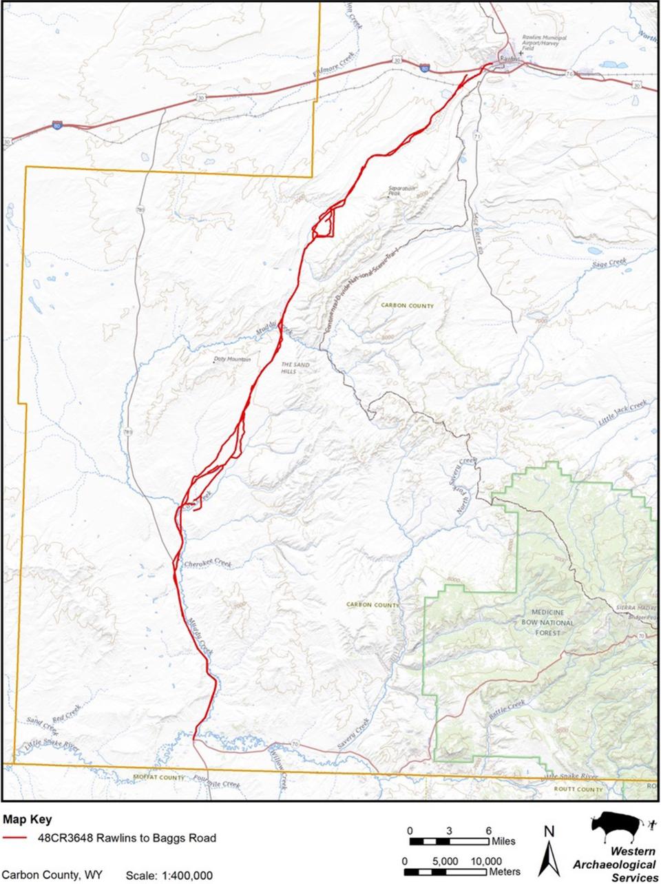 The Rawlins to Baggs wagon road headed south from Rawlins, Wyoming, crossed the Overland Trail along Muddy Creek and crossed the Cherokee Trail on Cherokee Creek. From there it continued south, ultimately ending at Meeker, Colorado on the Ute White River Agency. Western Archaeological Services.