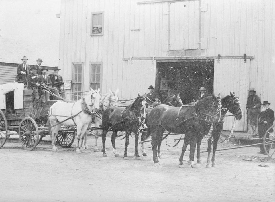 The Rankin Stage and Livery Stable in Rawlins. The Rankin brothers ran a stage line from Rawlins via Baggs to Colorado, and a second route from Rawlins to Saratoga and Encampment, Wyoming. The livery stable, stagecoach line and freighting business operated between 1872 and 1903. American Heritage Center, University of Wyoming.