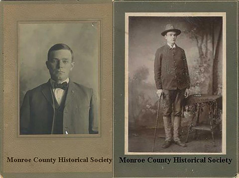 two portraits of John Hendricks, the one on the left a head shot, on the right, a full-length shot where he stands stright and holds a cane at his side 