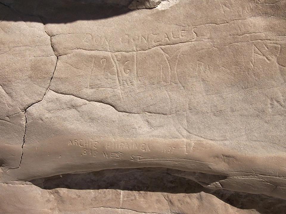 Panel 2 inscriptions.  The view is to the south (Western Archaeological Services).