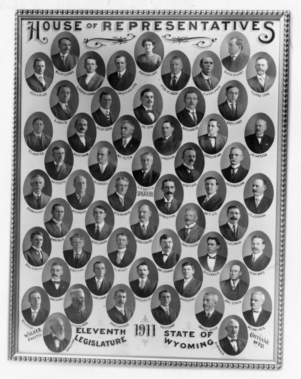 Poster of Wyoming House of Representatives' portraits, with Bellamy the only woman, pictured at the top