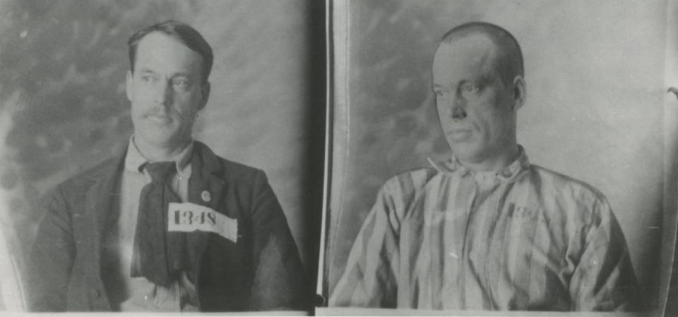 Two portraits of Elzy Lay, one in a suite with the number 1348 over the pocket, the other in prison stripes.