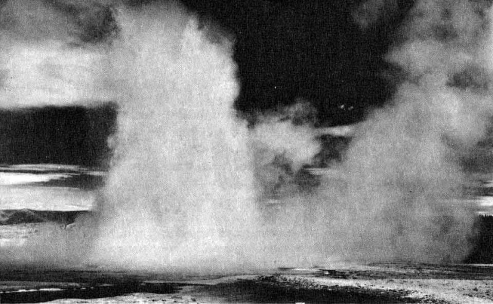 Normally erupting just once a day, Morning Geyser erupted every four hours the day of the earthquake. (National Park Service) clouds of steam and jets of water erupt from a geyser basin