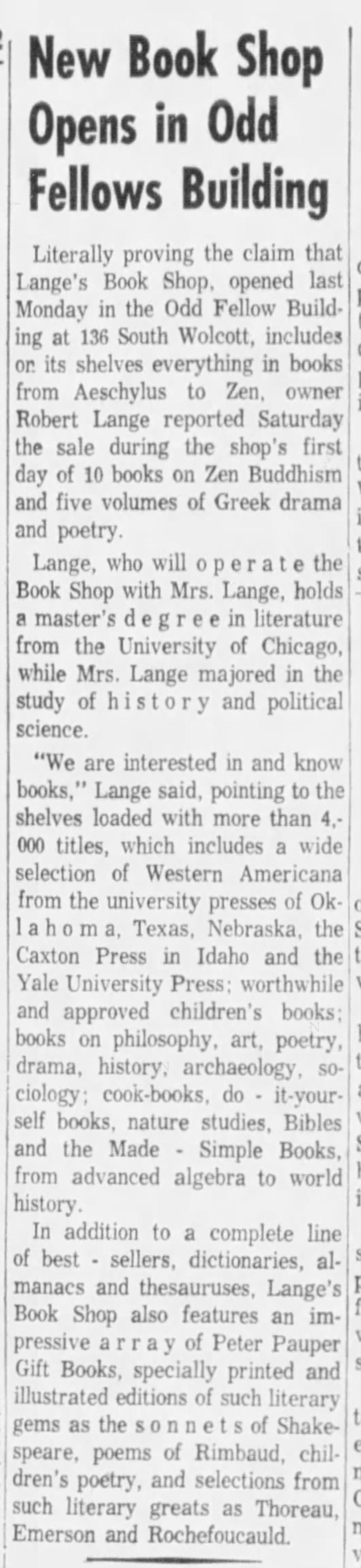 Newspaper clipping from 1982 announcing opening of Lange's Book Shop