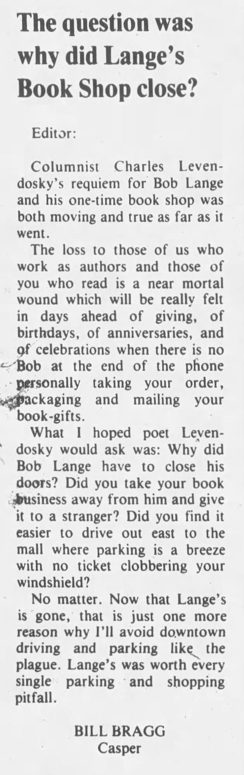 Letter to the editor of the Casper Star-Tribune from 1983 asking the reasons the shop closed
