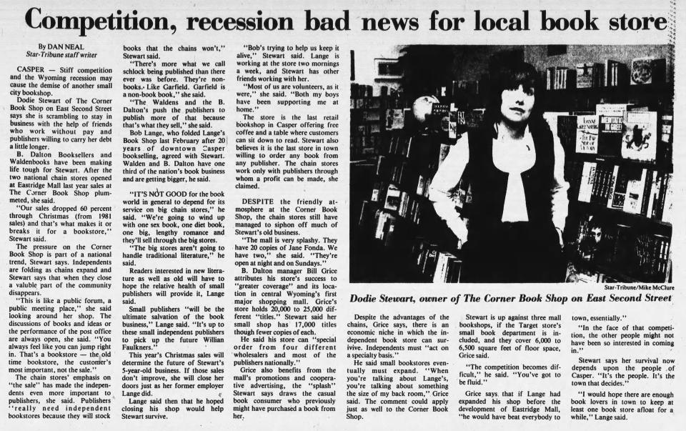 Newspaper clipping from October 1983 outlining reasons for the closing of the Corner Bookshop 