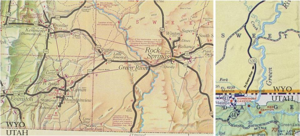 Two maps from atlases, showing the highways and topotgrpahy around Rock Srings and Green River, and a smaller map showing highway 530 at the Wyoming/Utah border
