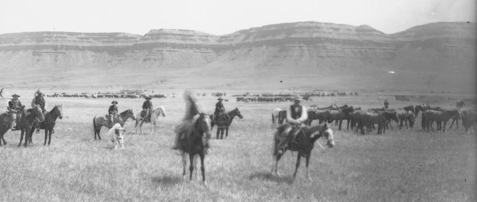 A group of mounted cowboys on a wide plain with a canyon wall in the distance beyond several herds of cattle