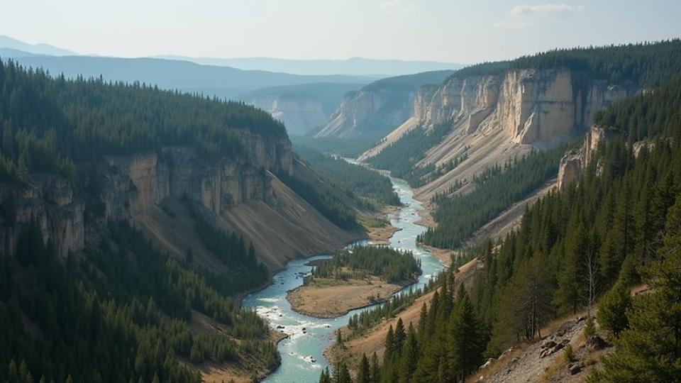 AI-genrated image of canyon with river, forested land in a vast landscape